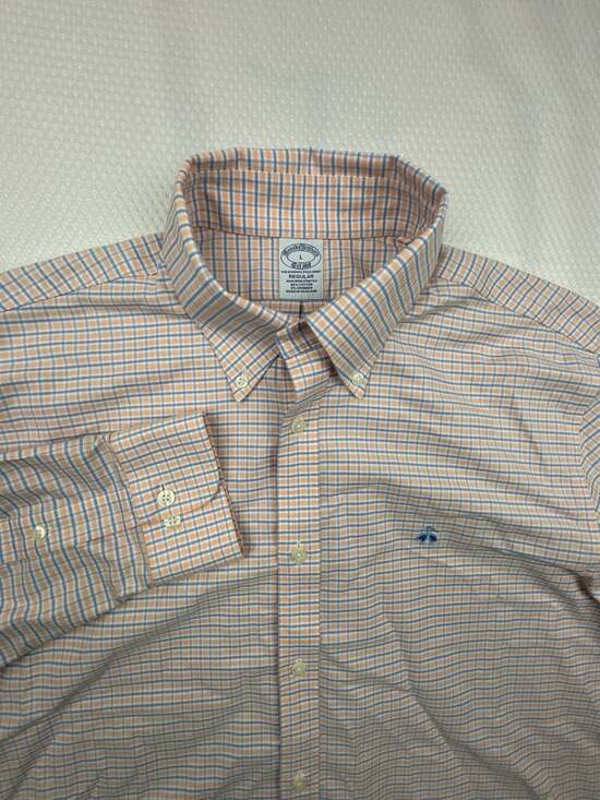Brooks Brothers Other - Brooks Brothers Regular Fit Non-Iron Stretch Orange Blue Check Shirt Size L